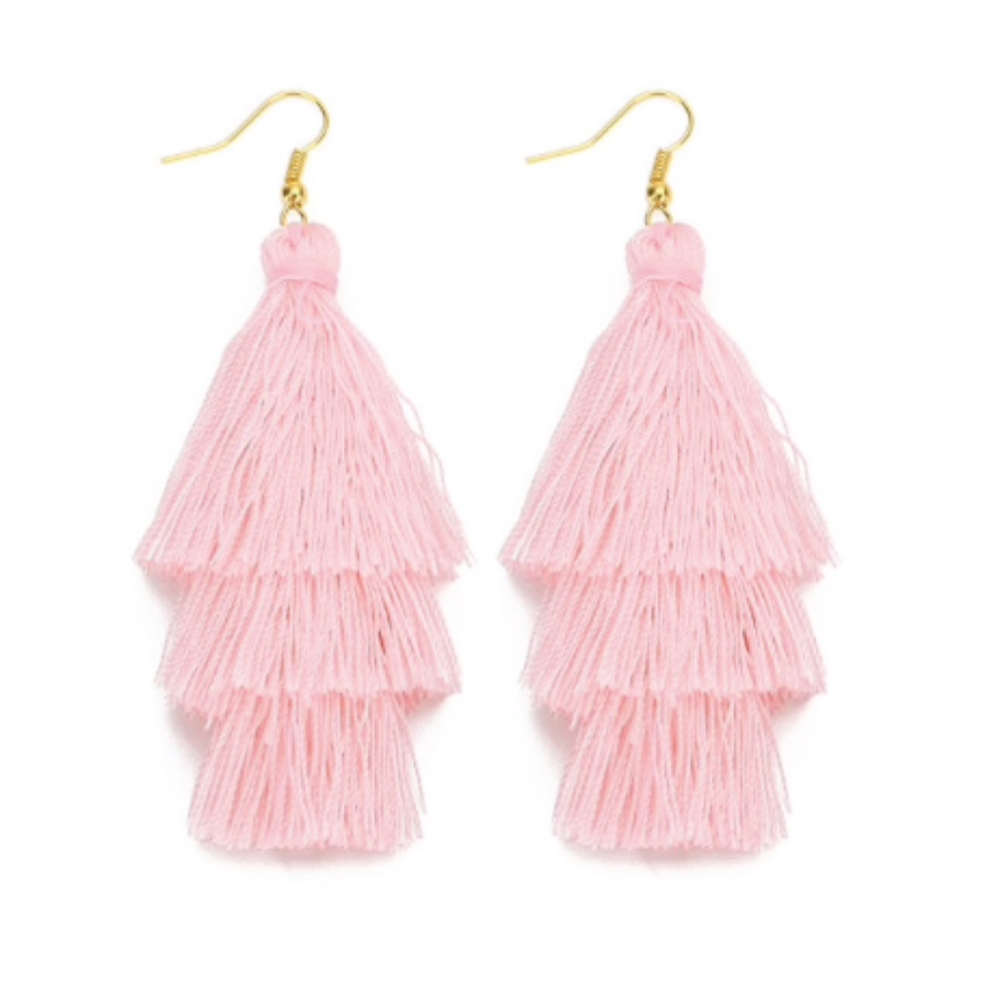 Tiered Tassel Drop Pink Dangle Earrings - Picture 2 of 5